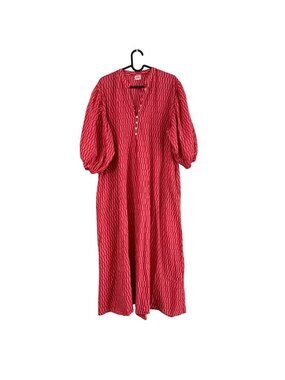 Par & Escala Red Pink Womens M/L Geometric Pockets Cotton Midi Dress